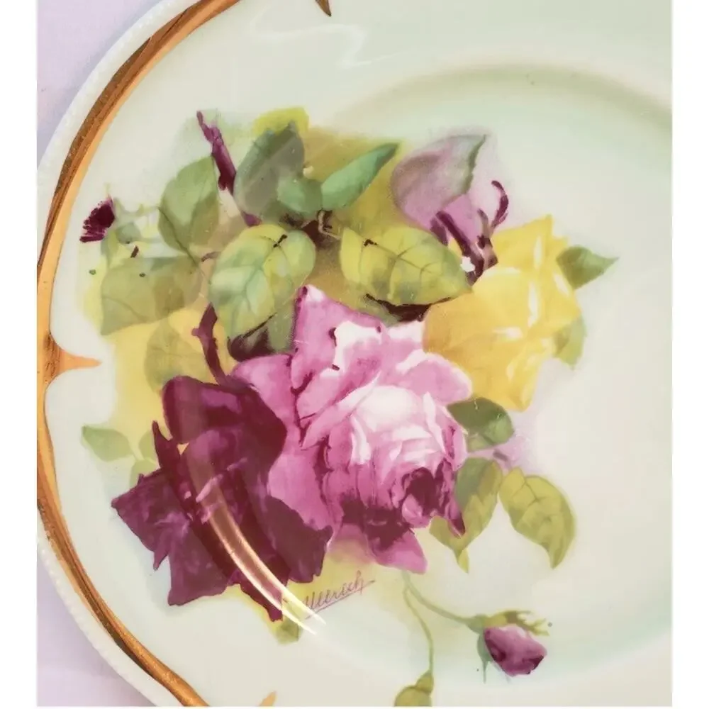 Vtg Porzellan Imperial Set of 2 Dinner Plates Mint green‎ Pink Roses by Ullrich
